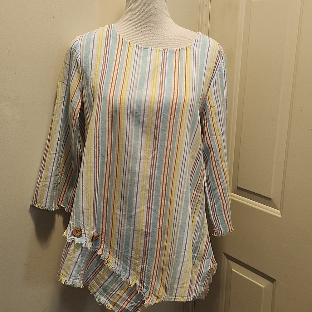 Ali Miles Medium Colorful Striped Top Asymmetrical Linen Cotton